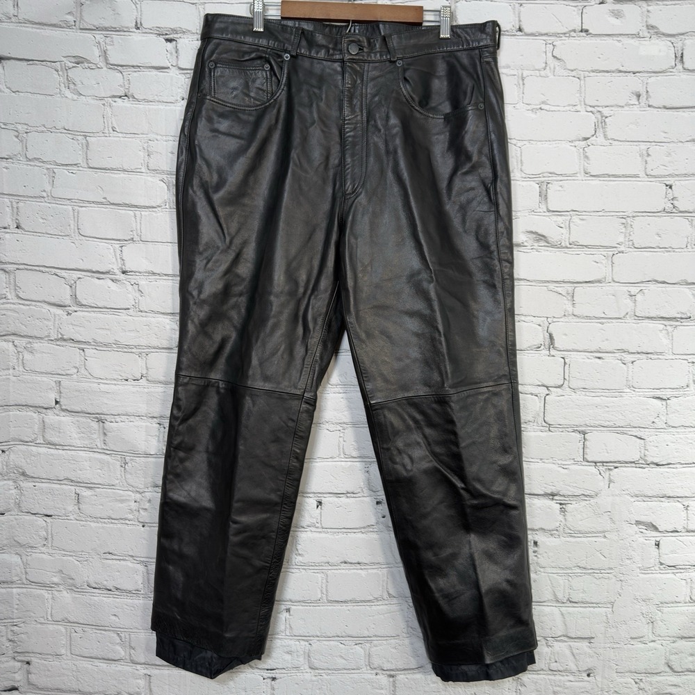 Vintage SEA DREAM Leather Biker Pants Mens 38x29 Black Motorcycle Nylon Lined‎